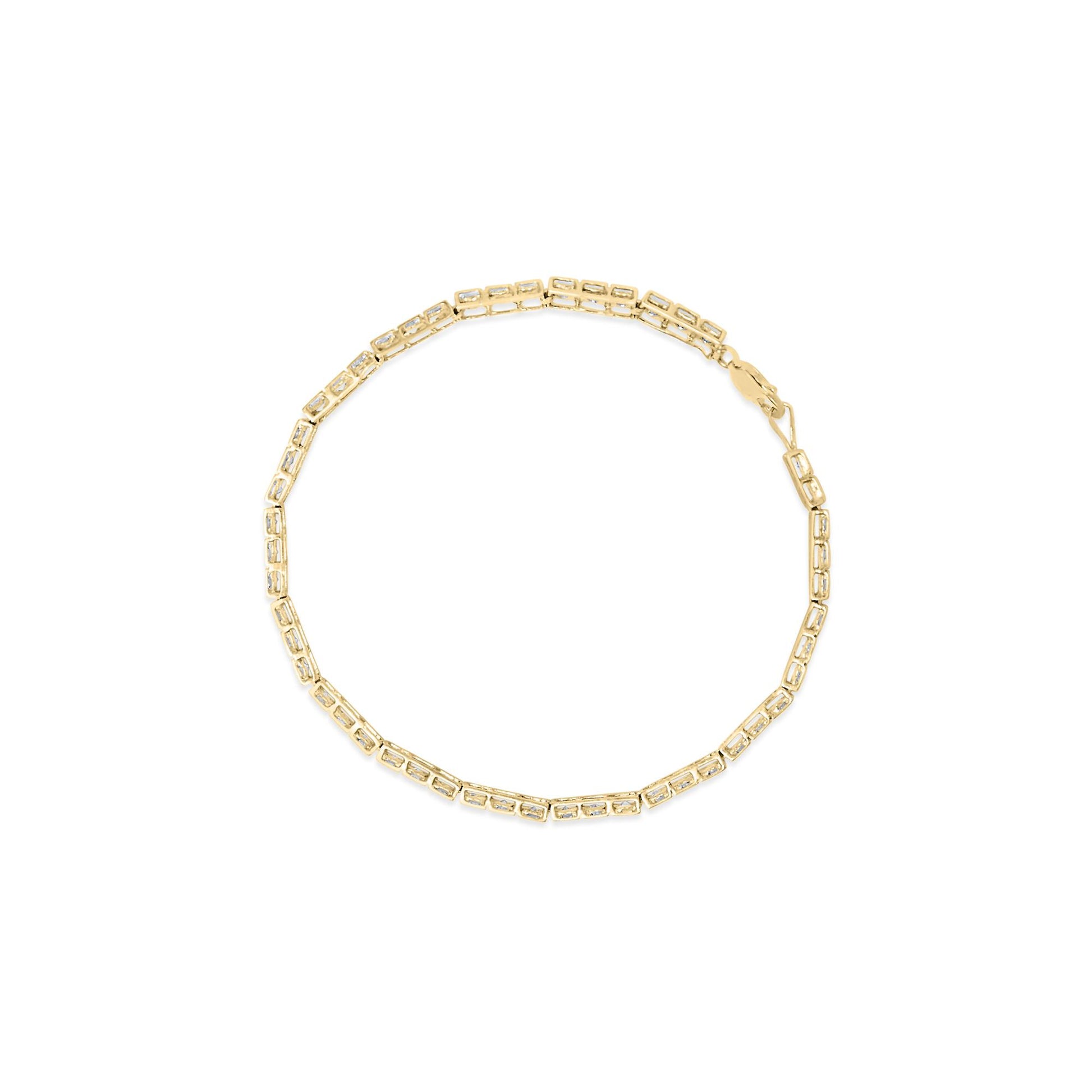 Top-down view of a yellow bracelet with rectangular links each set with small white gemstones in a pave setting.