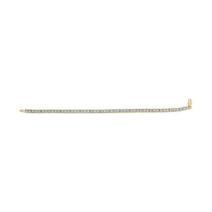Yellow metal bracelet with a row of white round gemstones in pave setting, shown from a top flat angle on a white background.