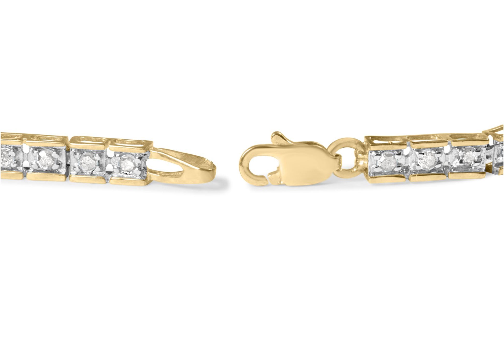 Close-up shot of a yellow bracelet with white round gemstones in pave setting, showing the clasp and linked design on a white background.