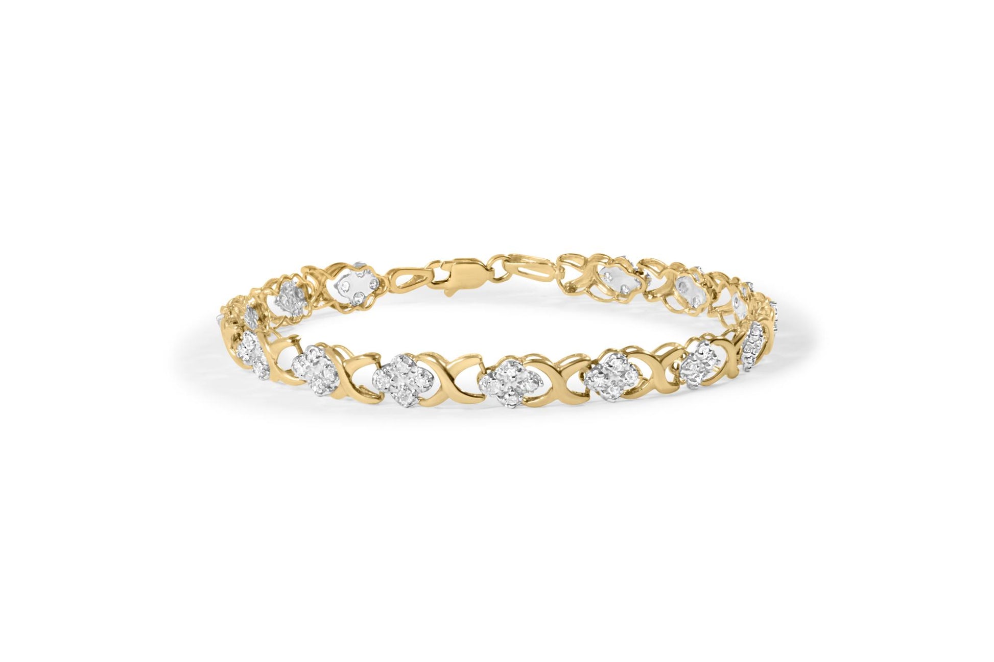 Yellow metal bracelet with alternating round white gemstones in prong settings and twisted metal links, shown from a front angle on a white background.