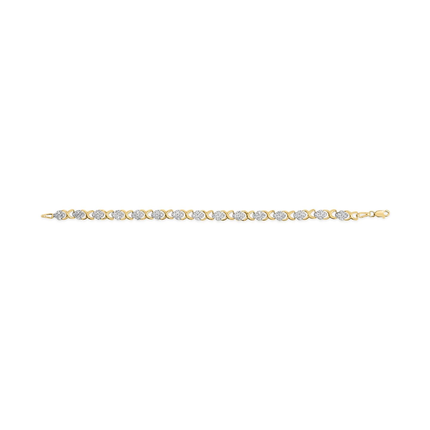 Top-down view of a yellow metal bracelet with alternating X-shaped links and clusters of white round gemstones in prong settings.