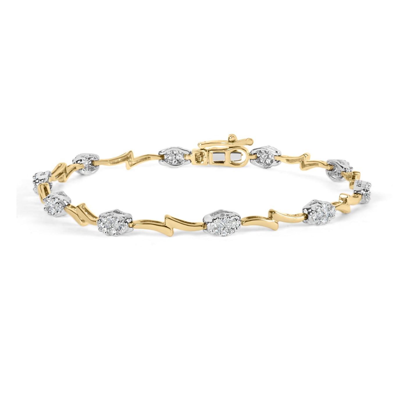 Bracelet with alternating yellow and white metal zigzag and cluster designs set with round white gemstones, shown in a close-up angled view.