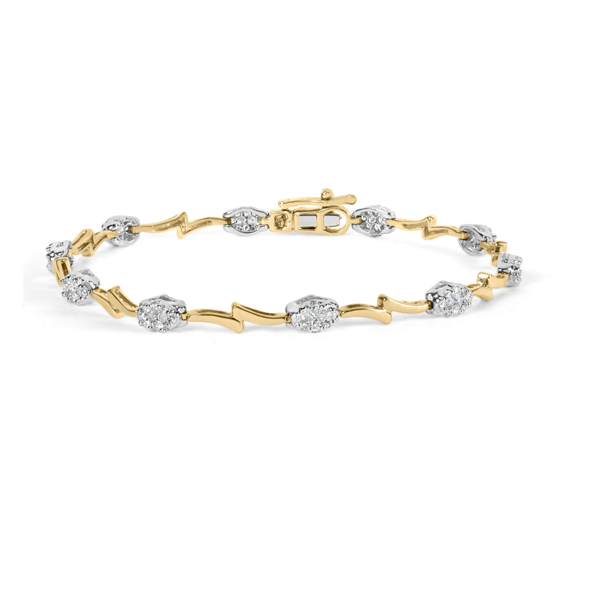 Bracelet with alternating yellow and white metal zigzag and cluster designs set with round white gemstones, shown in a close-up angled view.