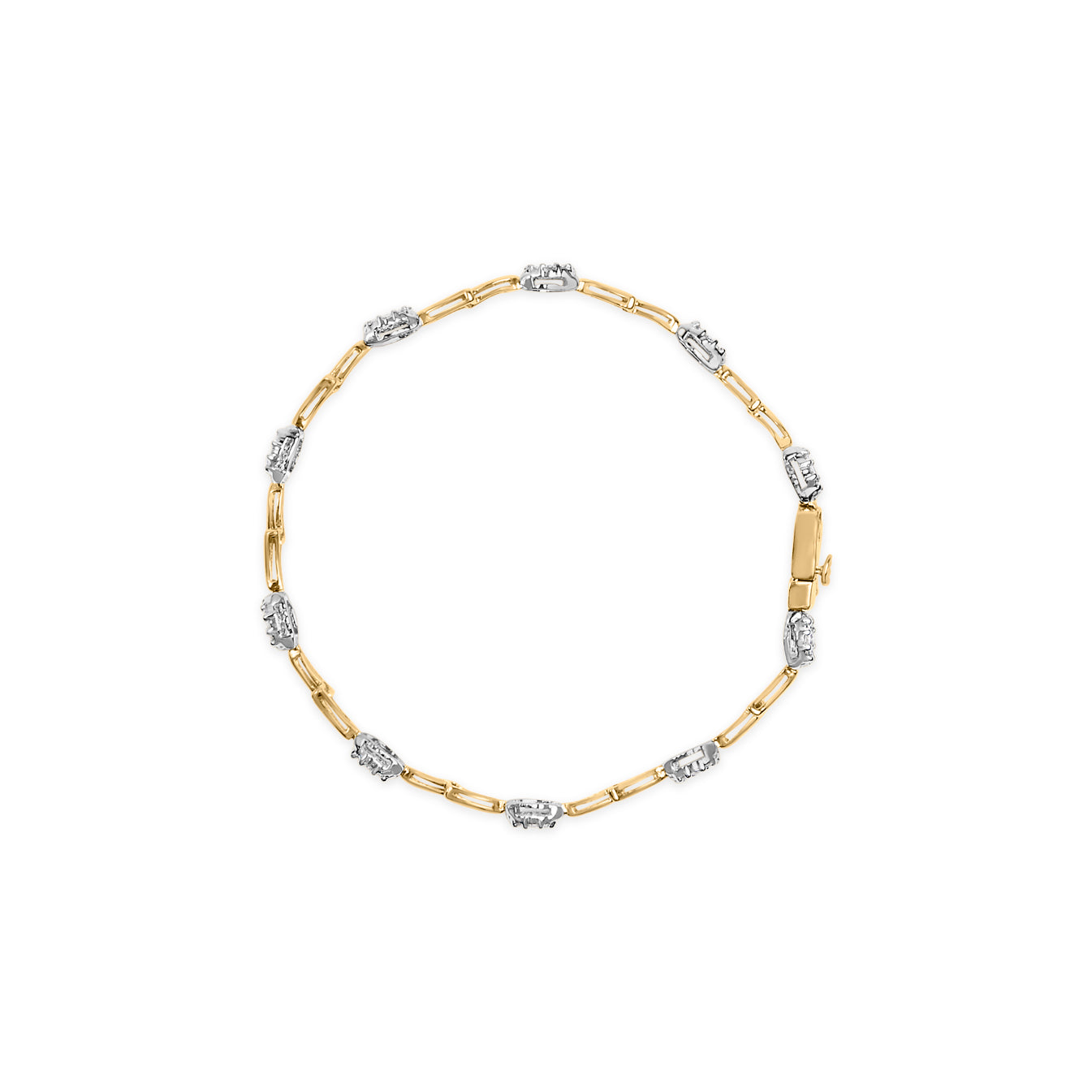 Top-down view of a two-tone bracelet with alternating yellow links and white prong-set round white gemstones.