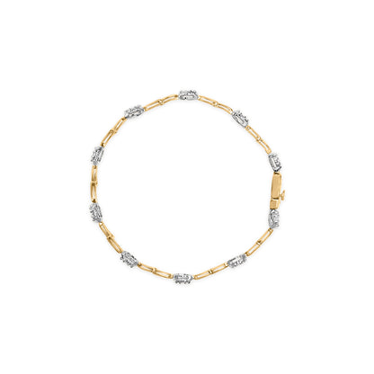 Top-down view of a two-tone bracelet with alternating yellow links and white prong-set round white gemstones.