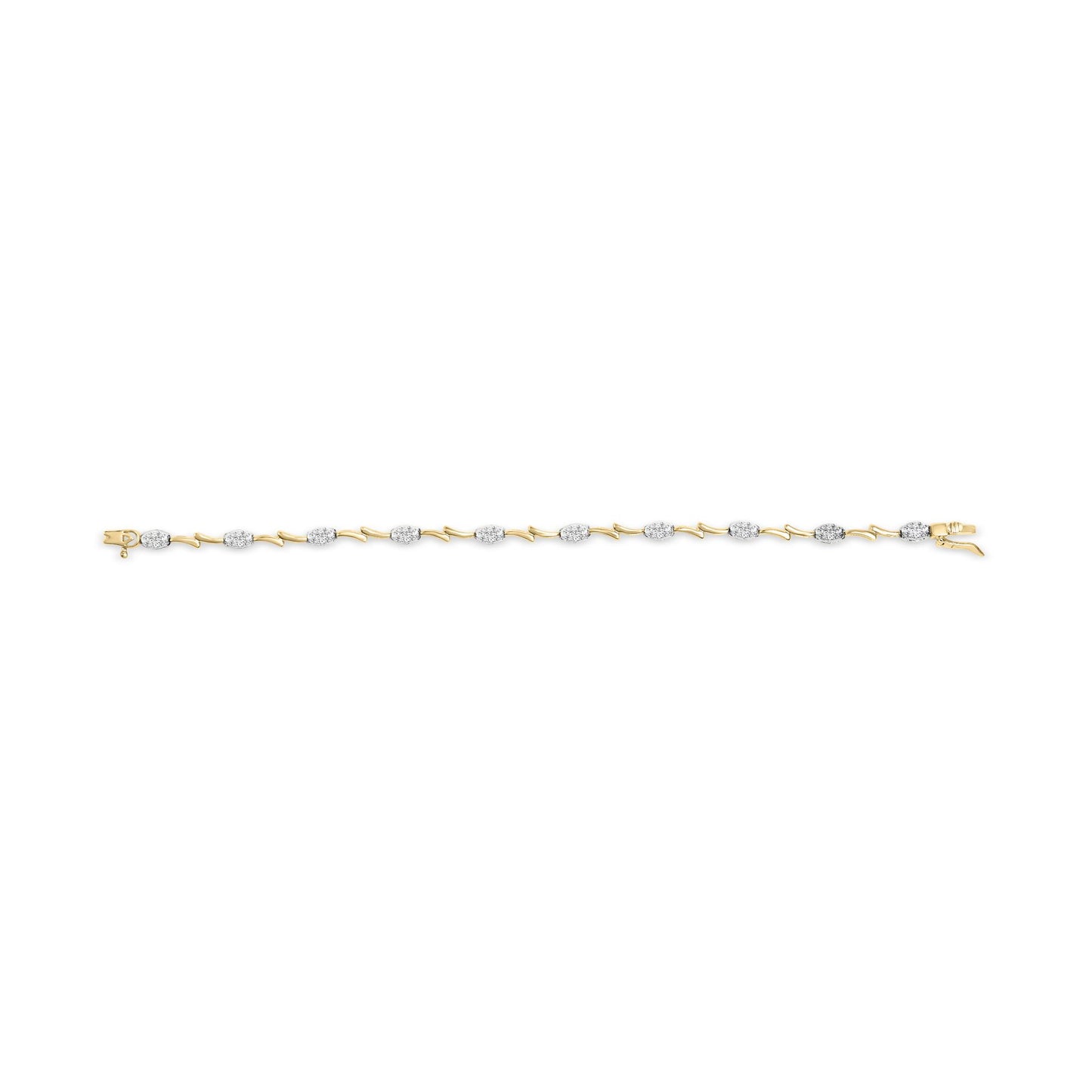 Yellow and white metal bracelet with alternating oval white gemstone clusters and curved links, shown in a flat lay front view.