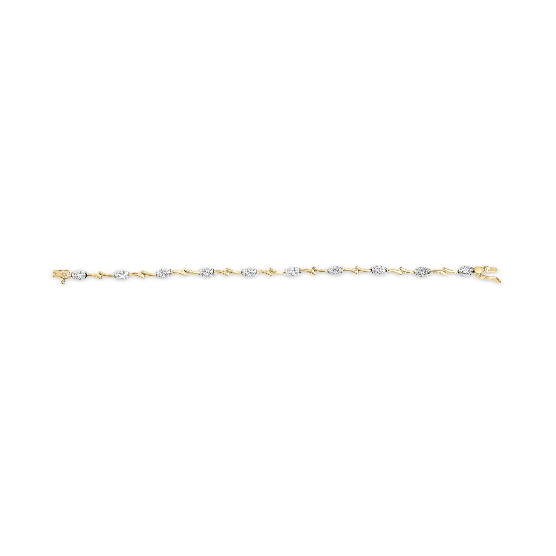 Yellow and white metal bracelet with alternating oval white gemstone clusters and curved links, shown in a flat lay front view.
