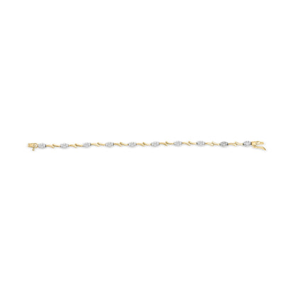 Yellow and white metal bracelet with alternating oval white gemstone clusters and curved links, shown in a flat lay front view.