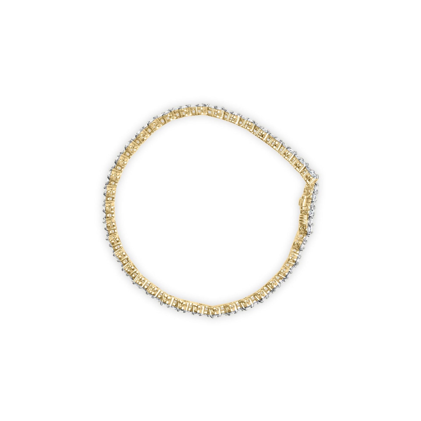 Top-down view of a yellow bracelet with round white gemstones in prong settings surrounding it.