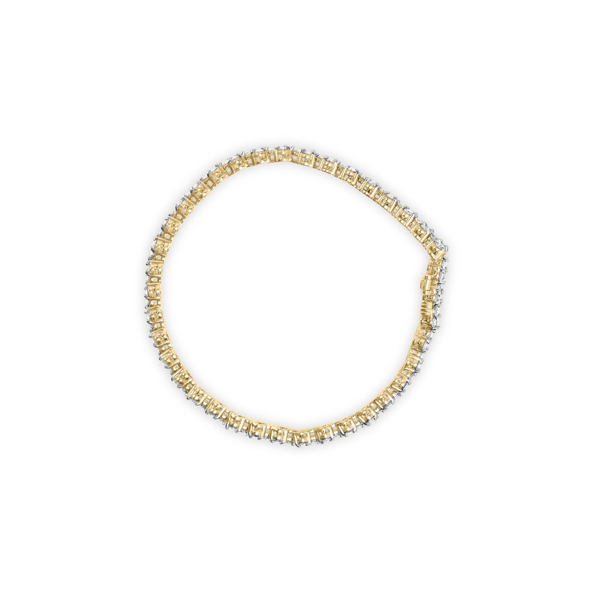 Top-down view of a yellow bracelet with round white gemstones in prong settings surrounding it.