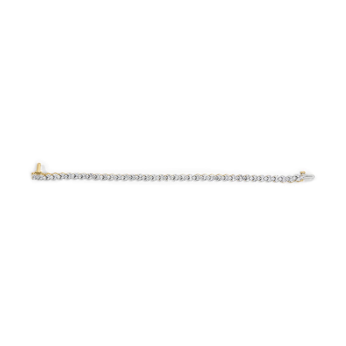 Top-down view of a yellow metal bracelet featuring a continuous line of round white gemstones in prong settings.