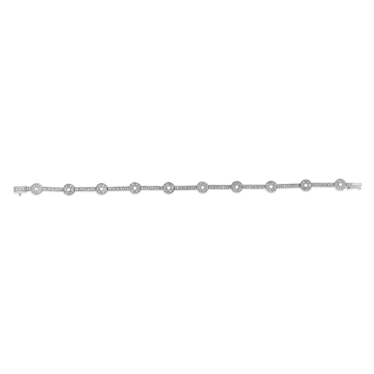 Top-down view of a white metal bracelet featuring circular links connected by thin bars, each adorned with small white gemstones in a prong setting.