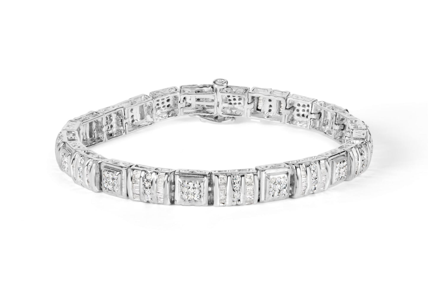 White metal bracelet with alternating square links featuring round pave set white gemstones and sections with baguette channel set white gemstones, shown in a front angled view on a white background.
