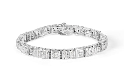 White metal bracelet with alternating square links featuring round pave set white gemstones and sections with baguette channel set white gemstones, shown in a front angled view on a white background.