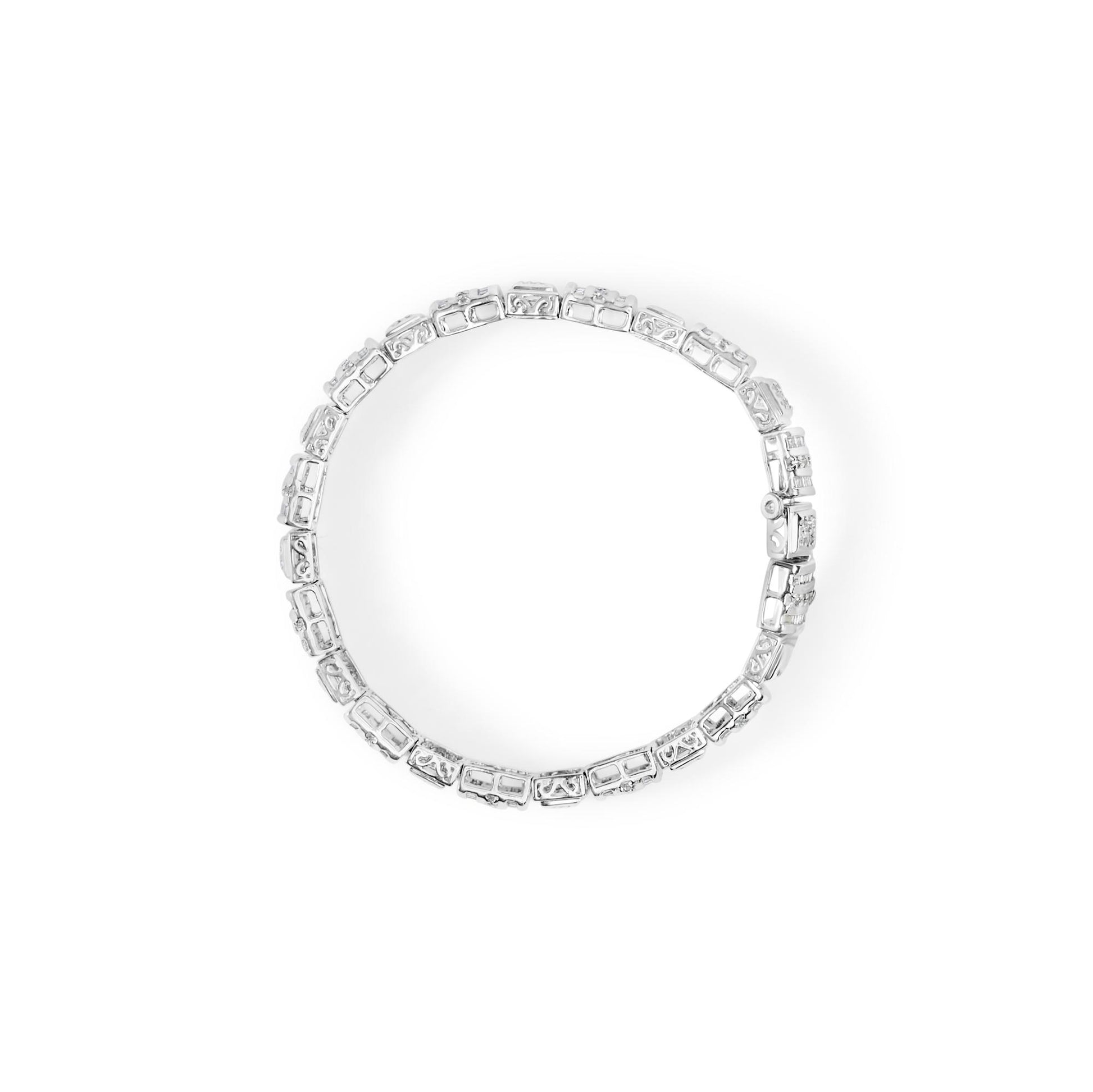 Top-down view of a white metal bracelet featuring rectangular segments with channel-set baguette-shaped white gemstones and round-shaped pave-set white gemstones.