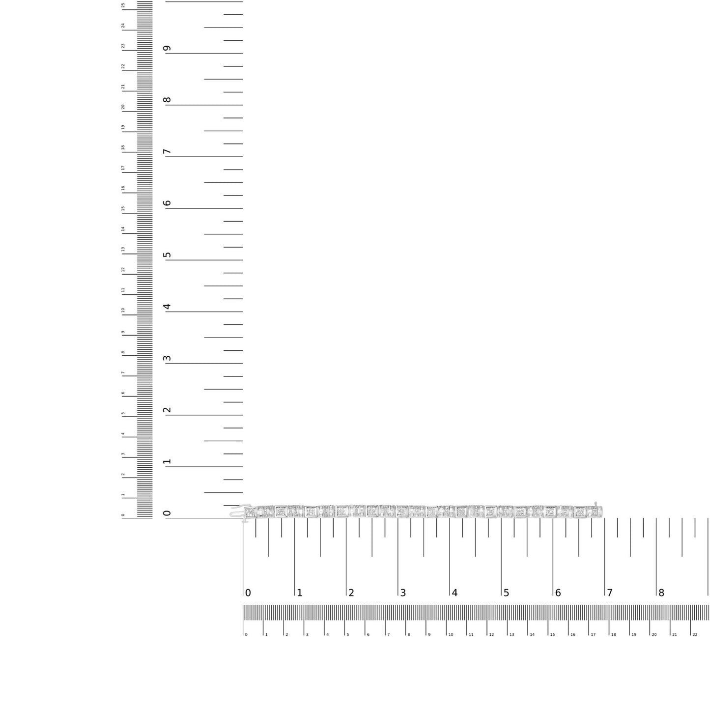 White metal bracelet with alternating round pave-set white gemstones and baguette channel-set white gemstones, displayed flat on a ruler for size reference, shot from above.