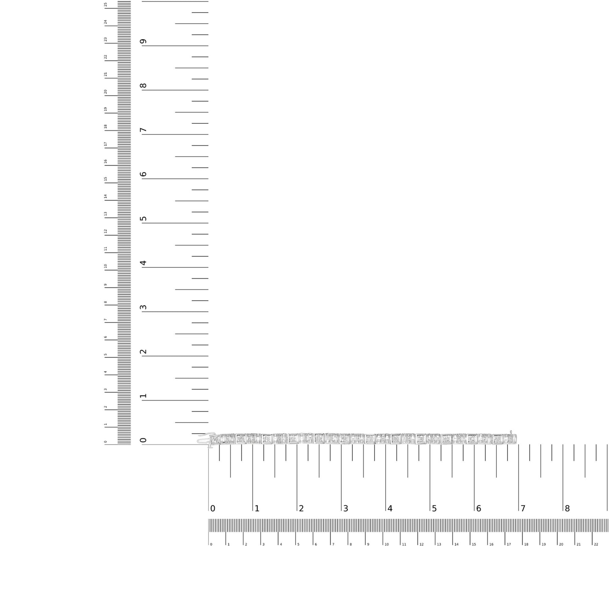 White metal bracelet with alternating round pave-set white gemstones and baguette channel-set white gemstones, displayed flat on a ruler for size reference, shot from above.