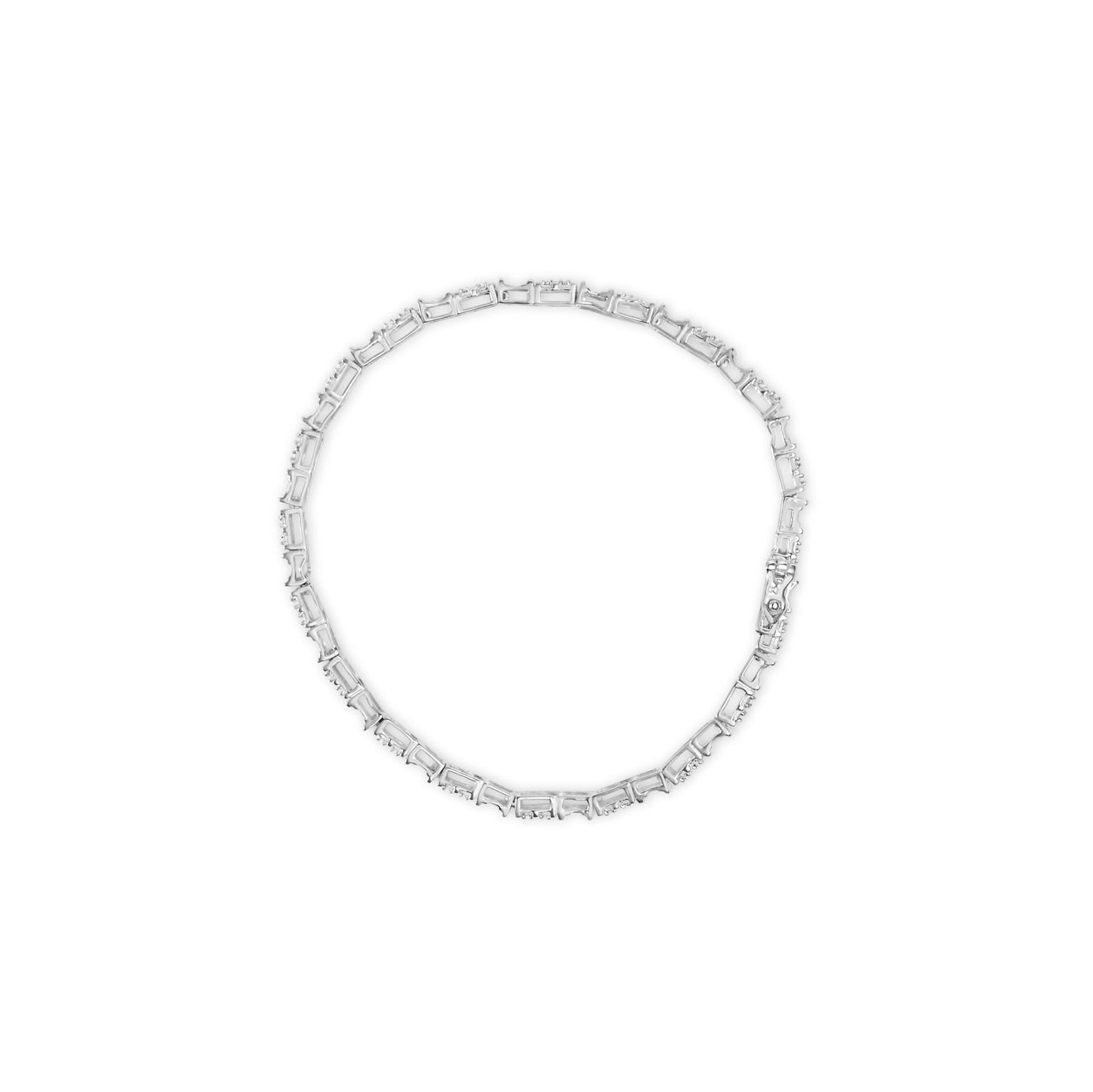 Top-down view of a white metal bracelet set with round and baguette white gemstones in pave and channel settings.