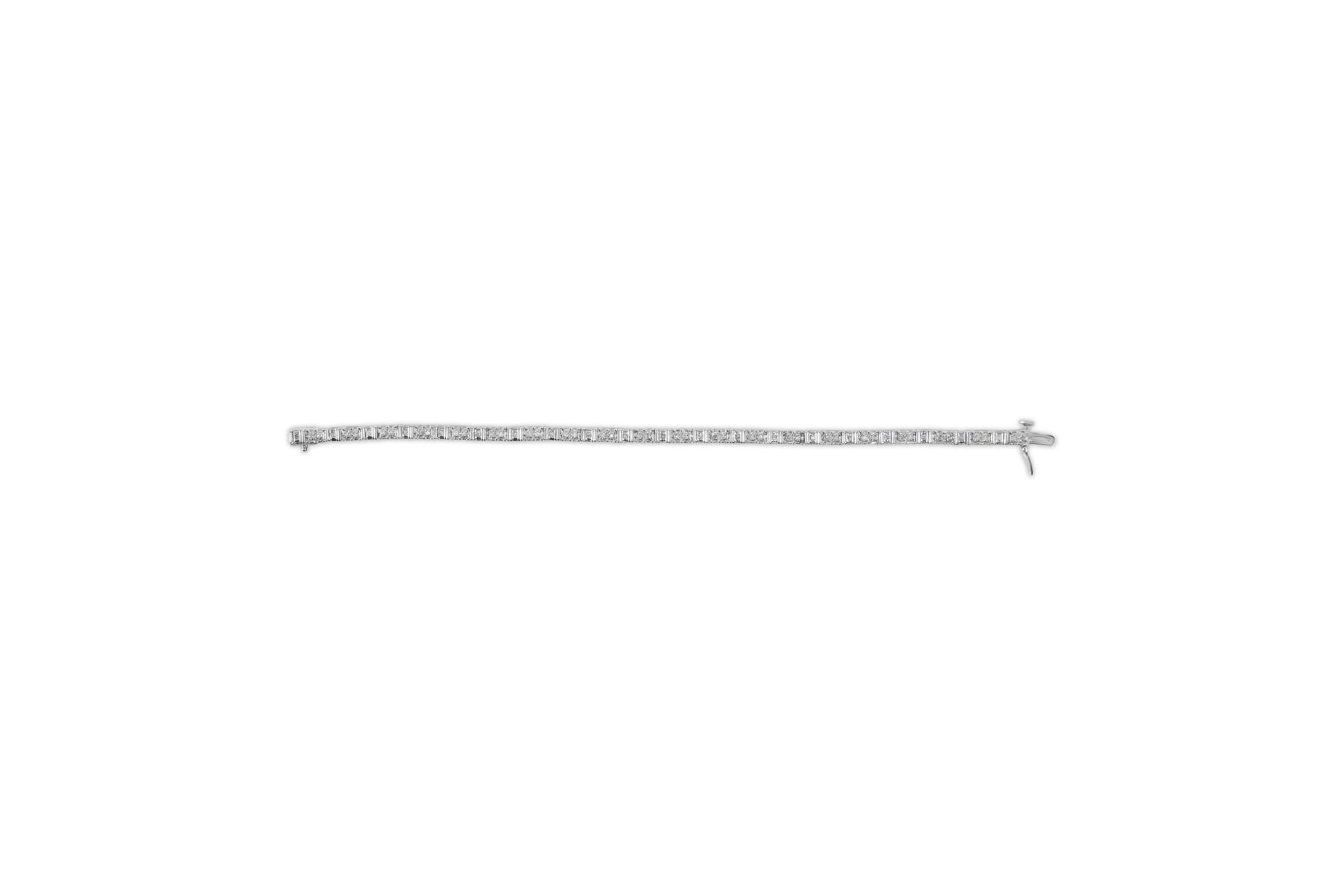 White metal bracelet with alternating round and baguette white gemstones, shown from a top flat angle on a white background.
