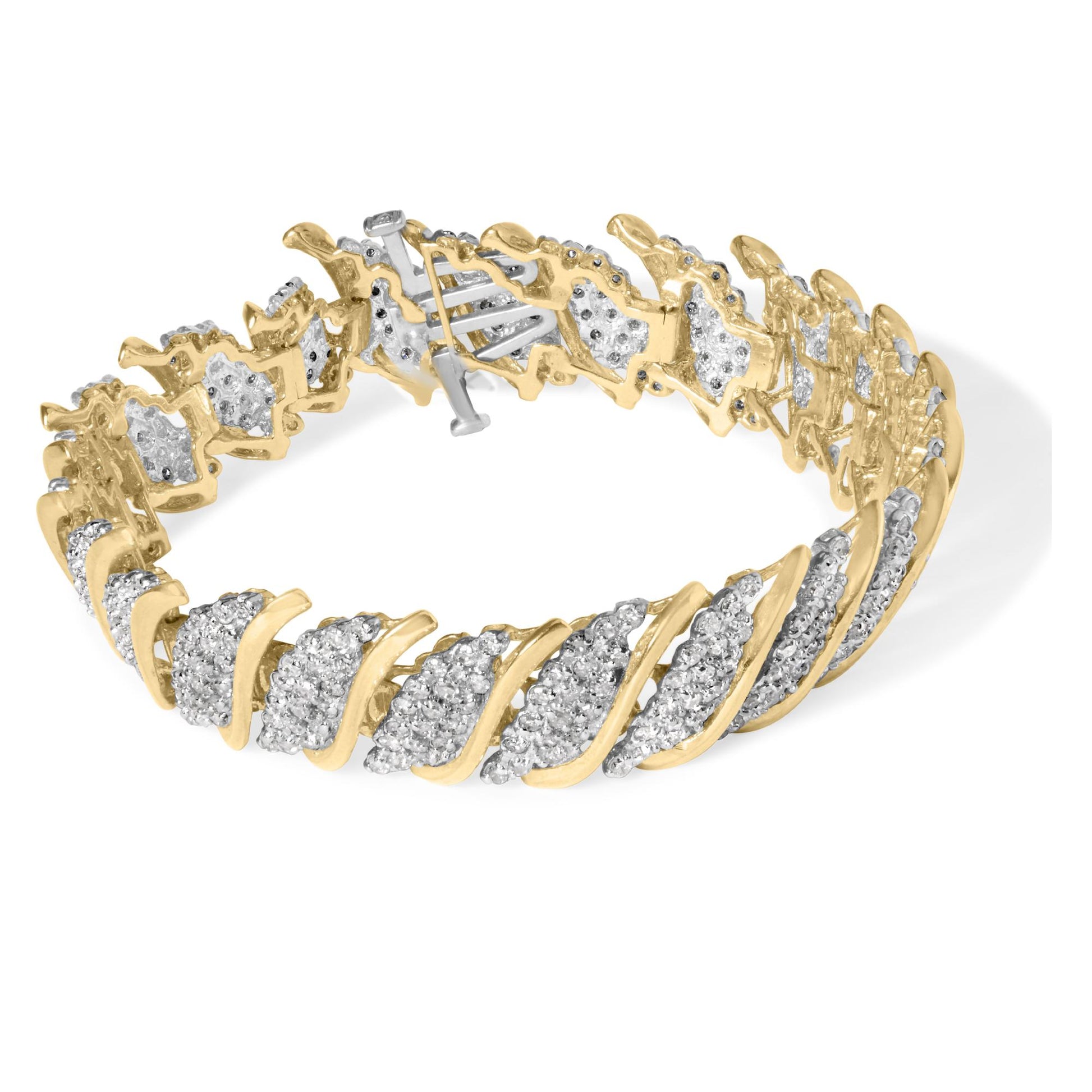 Yellow metal bracelet with alternating curved sections set with white round gemstones in prong settings, shown at a slight top-front angle.