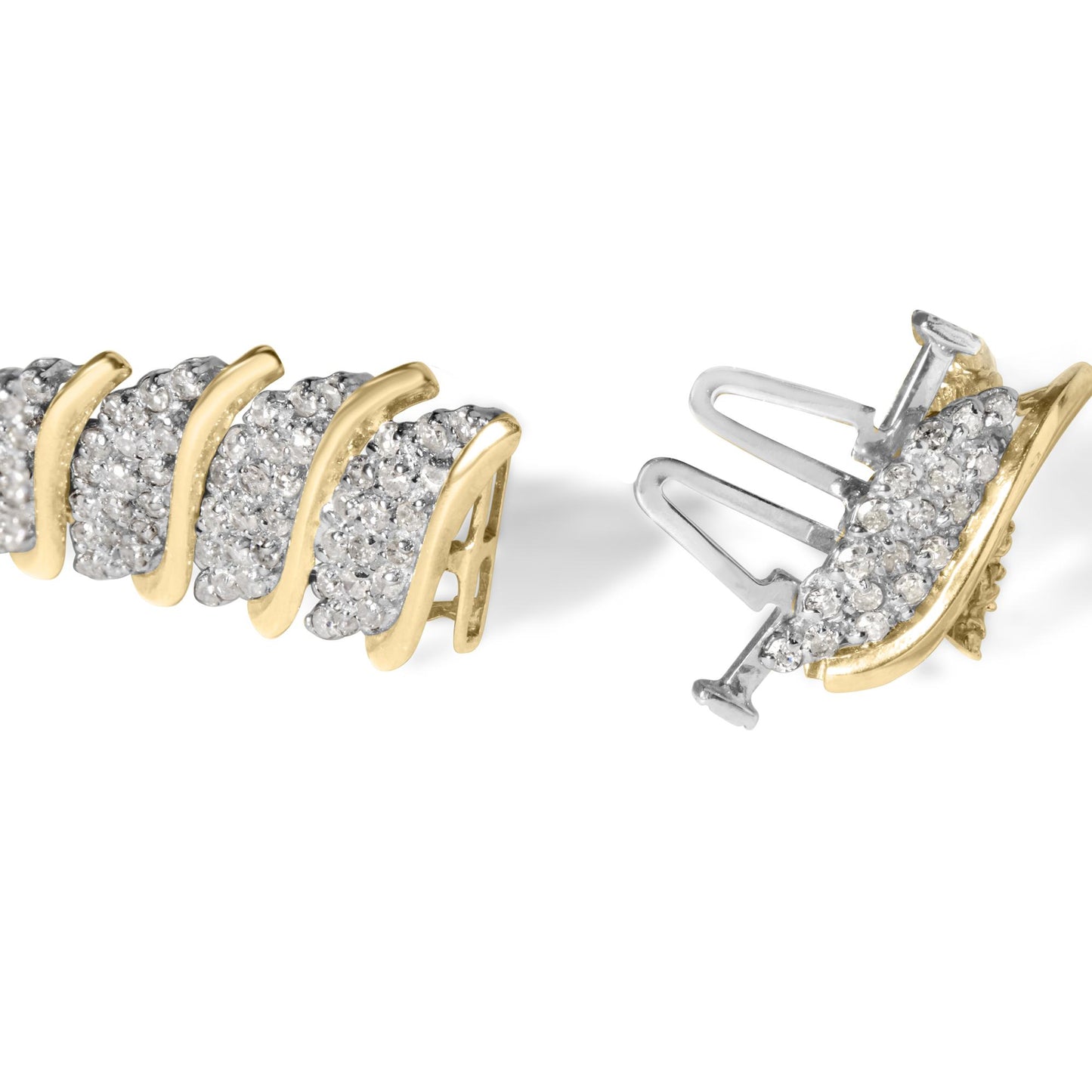 Close-up, angled view of a yellow metal bracelet featuring multiple sections adorned with round white gemstones in prong settings. The clasp area is visible showing the fastening mechanism.