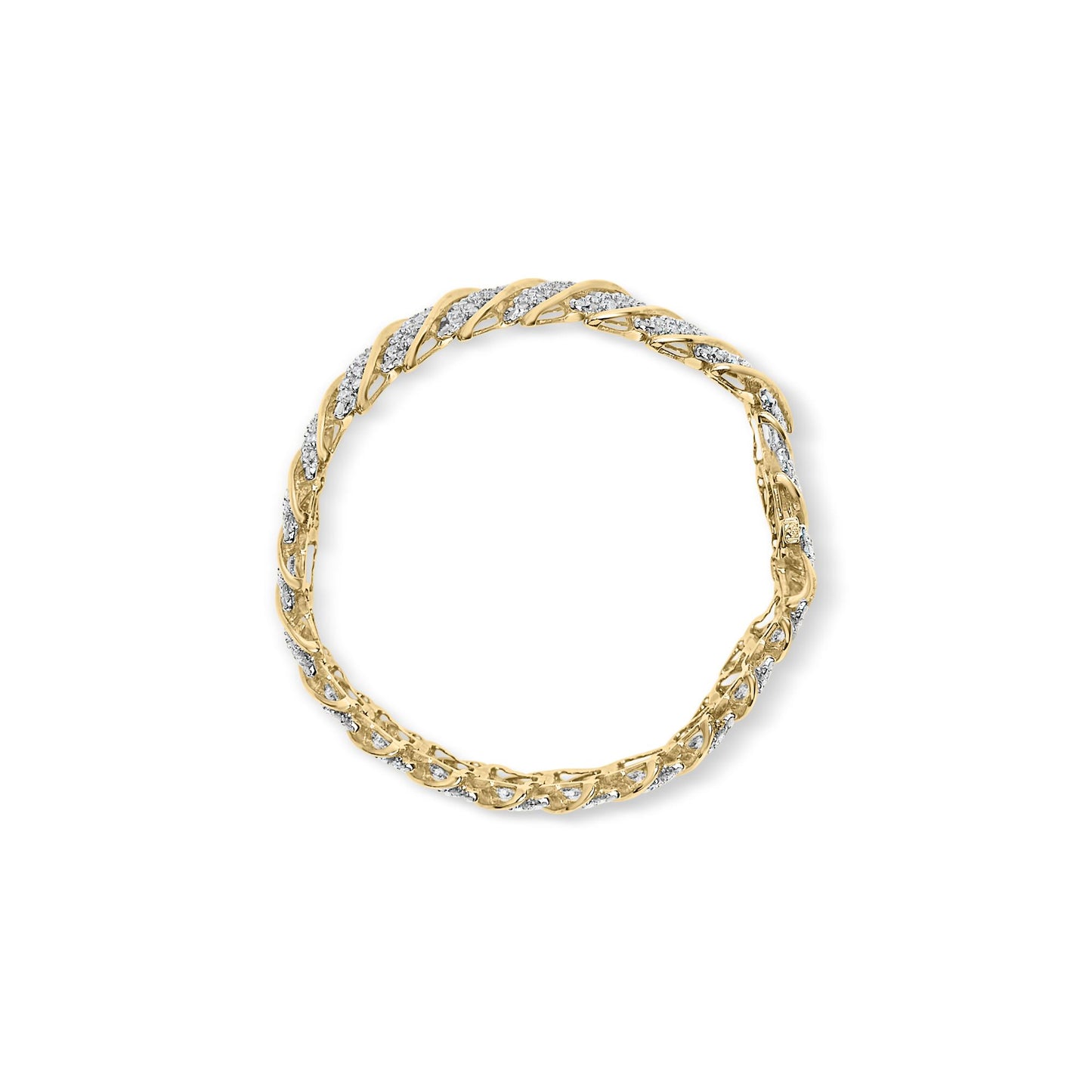 Top-down view of a twisted yellow bracelet featuring multiple rows of prong-set white round gemstones.