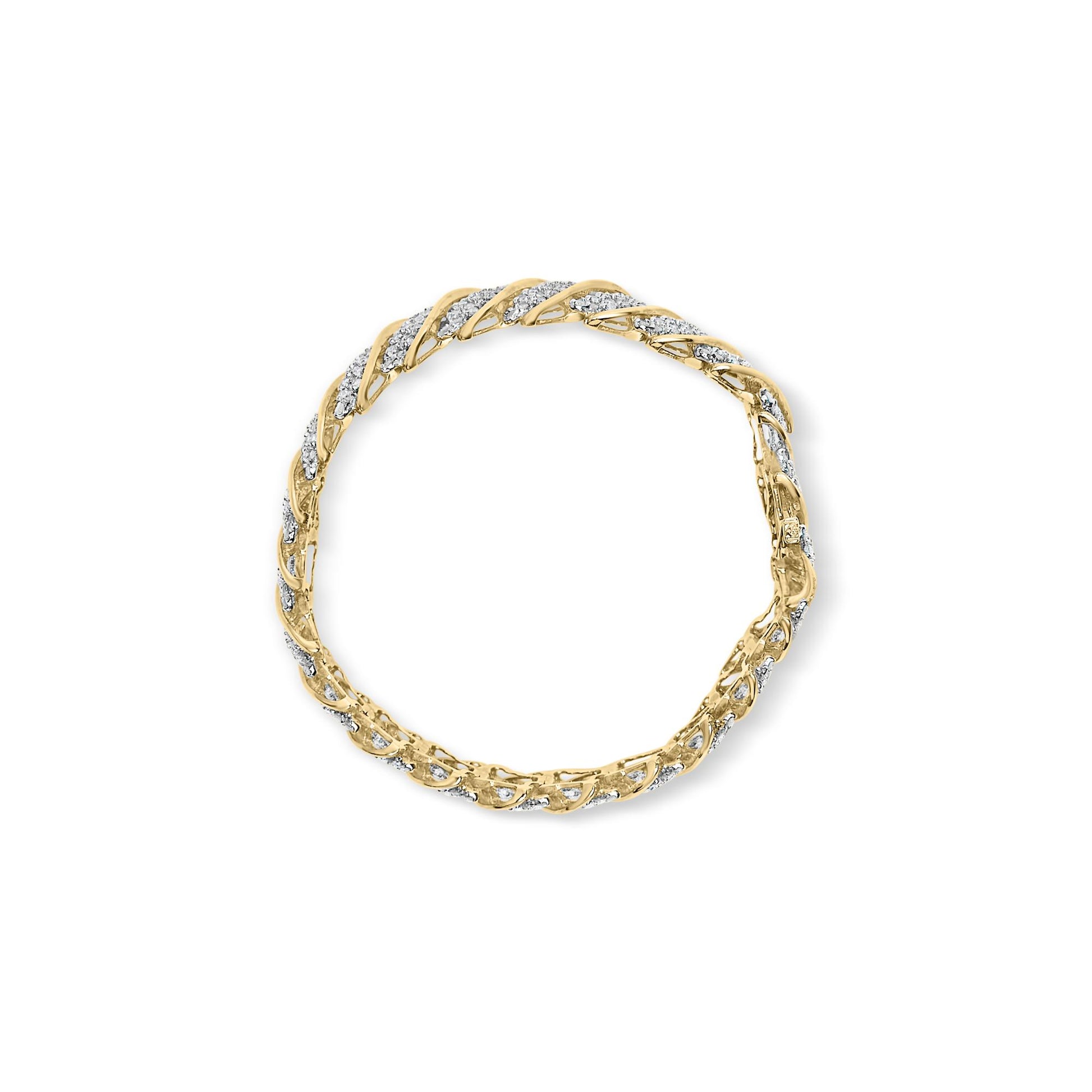 Top-down view of a twisted yellow bracelet featuring multiple rows of prong-set white round gemstones.