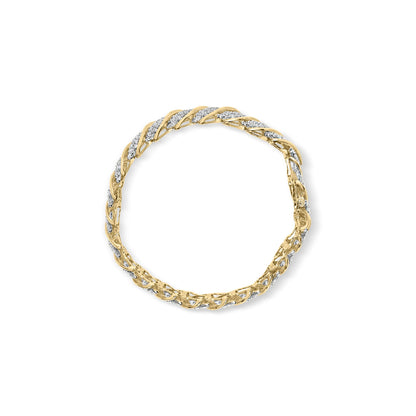Top-down view of a twisted yellow bracelet featuring multiple rows of prong-set white round gemstones.