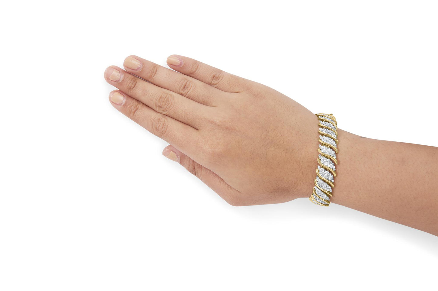 Yellow bracelet with white round gemstones in prong setting on wrist, top angle.