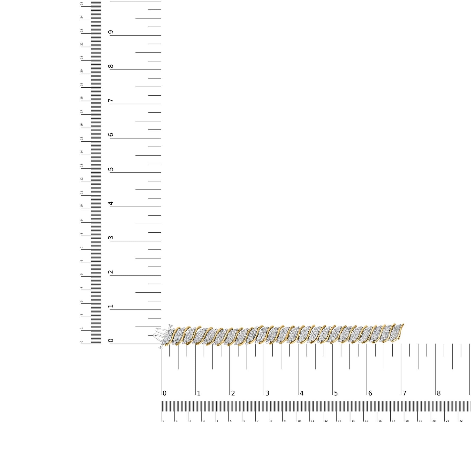 Yellow metal bracelet with alternating twisted links featuring white round gemstones in prong settings, displayed flat on a ruler and scale for size reference, shot from above.