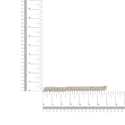 Yellow metal bracelet with alternating twisted links featuring white round gemstones in prong settings, displayed flat on a ruler and scale for size reference, shot from above.