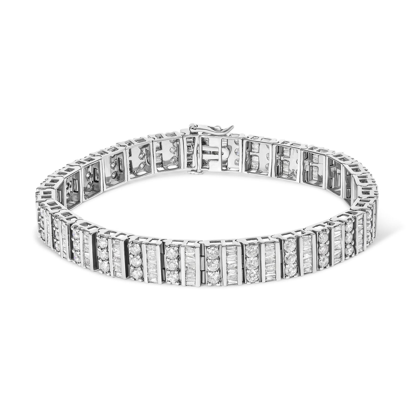 White bracelet viewed from a slightly raised angle, featuring alternating rows of round prong-set white gemstones and baguette channel-set white gemstones.