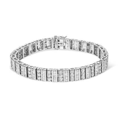 White bracelet viewed from a slightly raised angle, featuring alternating rows of round prong-set white gemstones and baguette channel-set white gemstones.