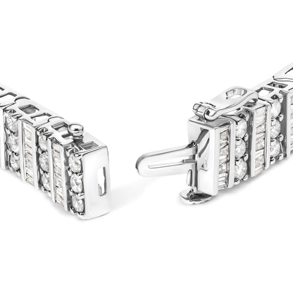 Close-up angled view of a white metal bracelet with round prong-set white gemstones alternating with baguette channel-set white gemstones, showing the clasp open.