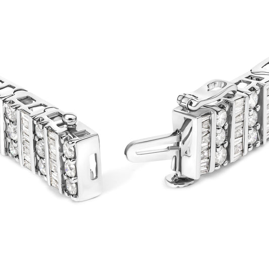 Close-up angled view of a white metal bracelet with round prong-set white gemstones alternating with baguette channel-set white gemstones, showing the clasp open.