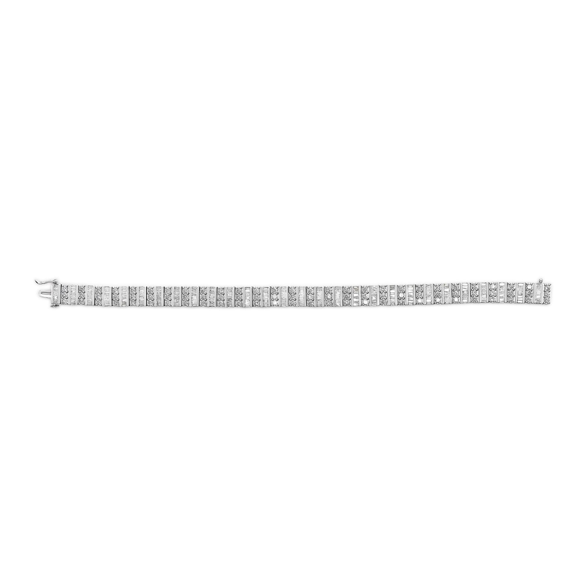 White metal bracelet with alternating rows of round prong-set white gemstones and baguette channel-set white gemstones, shown flat from a top-down view.