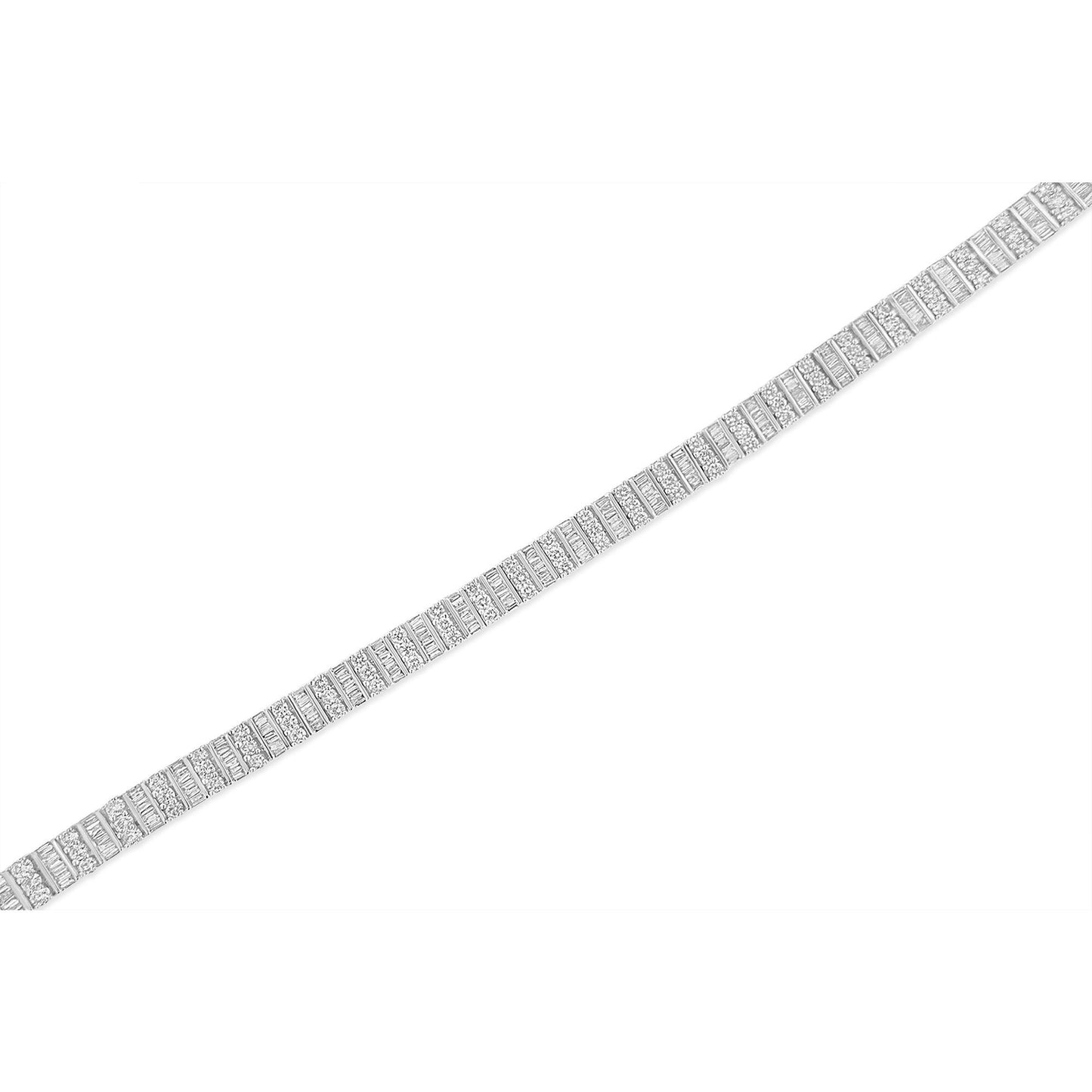 White metal bracelet with alternating rows of round gemstones in prong settings and baguette gemstones in channel settings, shown from a top diagonal angle.