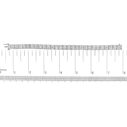 White metal bracelet with alternating rows of round prong-set and baguette channel-set white gemstones, laid flat on a ruler for size reference, shot from above.