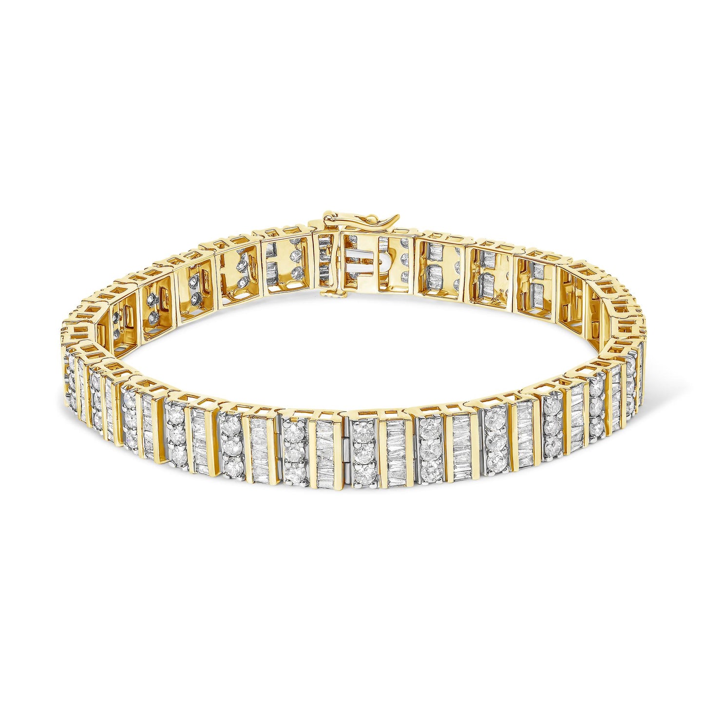 Yellow metal bracelet with alternating rows of round and baguette white gemstones, shown from a slight angled top view.