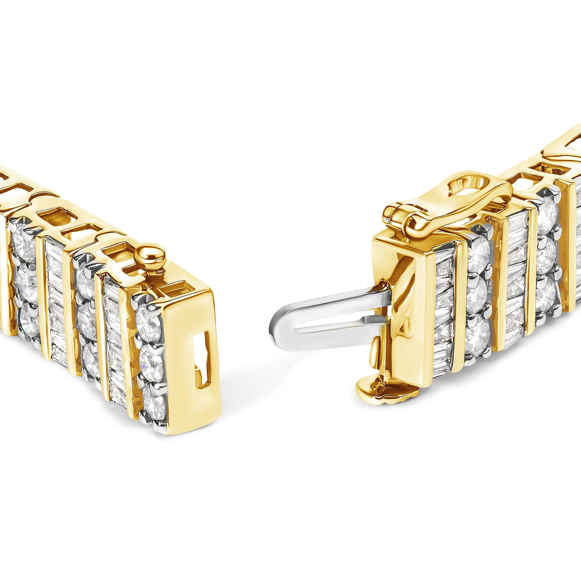 Close-up front angle of a yellow bracelet with round prong-set white gemstones alternating with baguette channel-set white gemstones, showing the clasp opened.