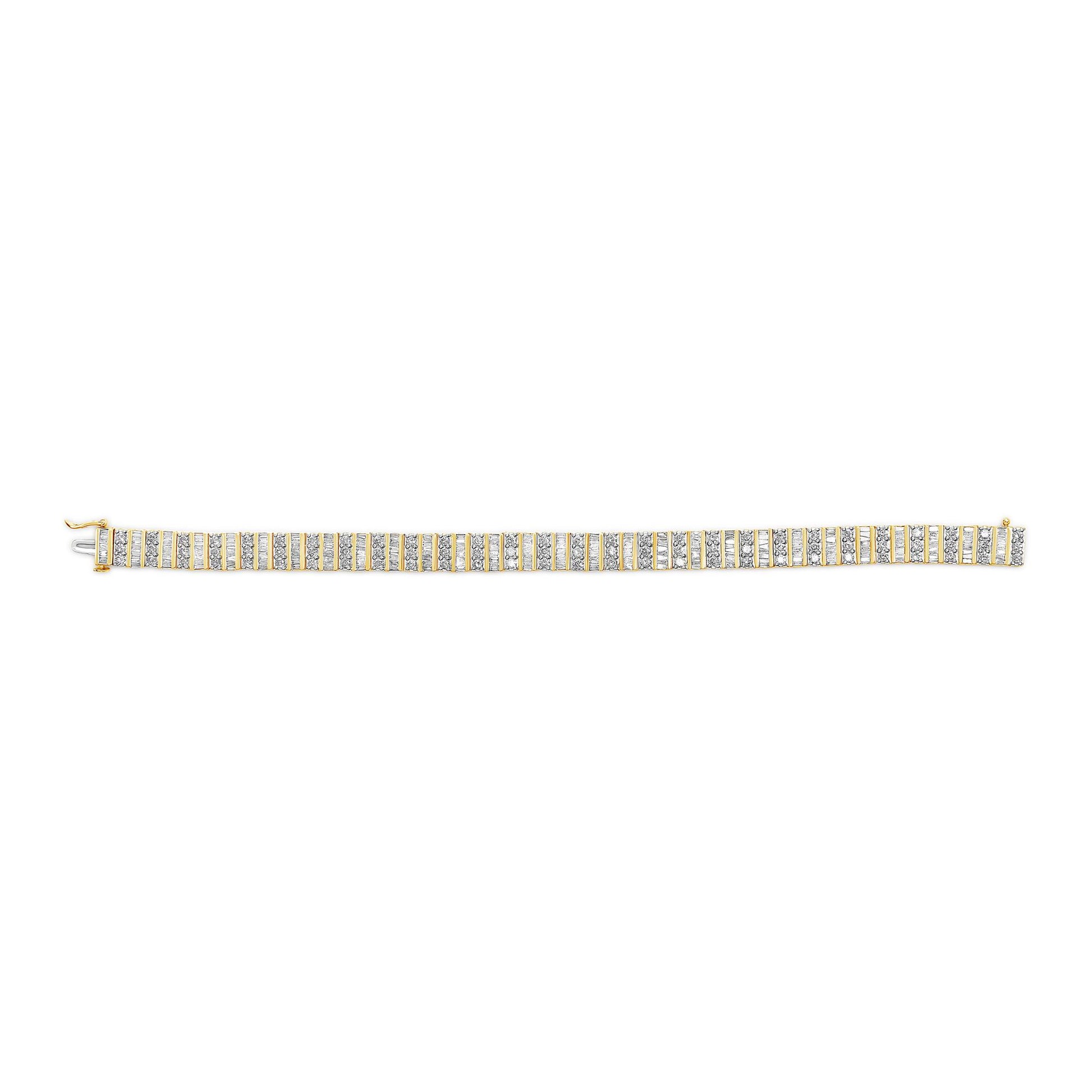 Straight-on top view of a yellow bracelet featuring alternating rows of round prong-set white gemstones and baguette channel-set white gemstones.
