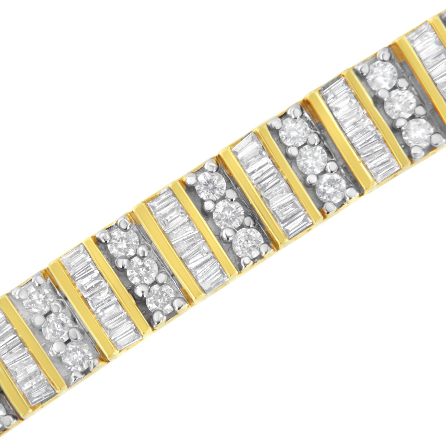 Diagonal close-up of a yellow bracelet featuring alternating sections of round white gemstones in prong settings and baguette white gemstones in channel settings.