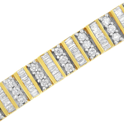 Diagonal close-up of a yellow bracelet featuring alternating sections of round white gemstones in prong settings and baguette white gemstones in channel settings.