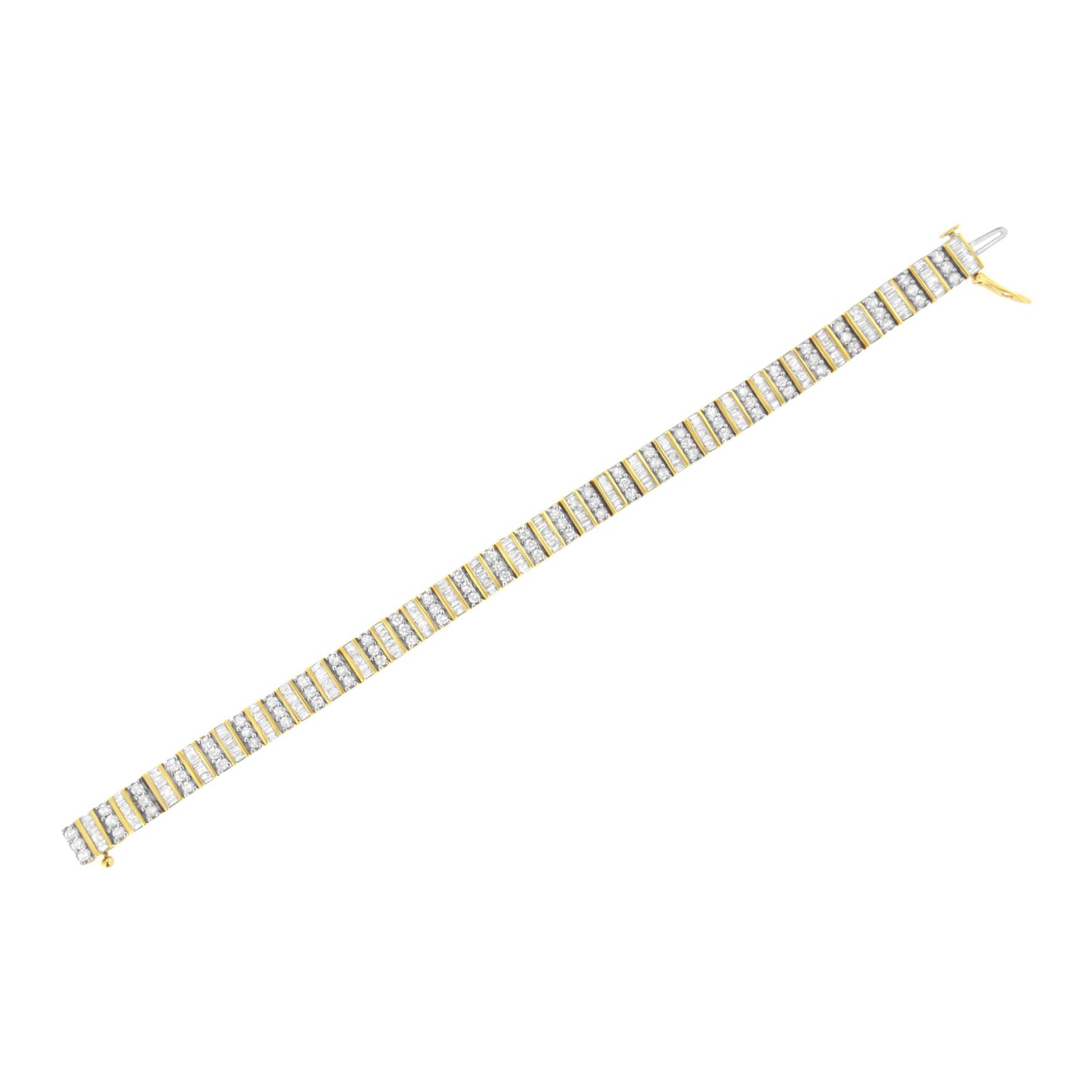 Top-down angled view of a yellow metal bracelet featuring alternating rows of round white gemstones in prong settings and baguette white gemstones in channel settings, shown laid flat.