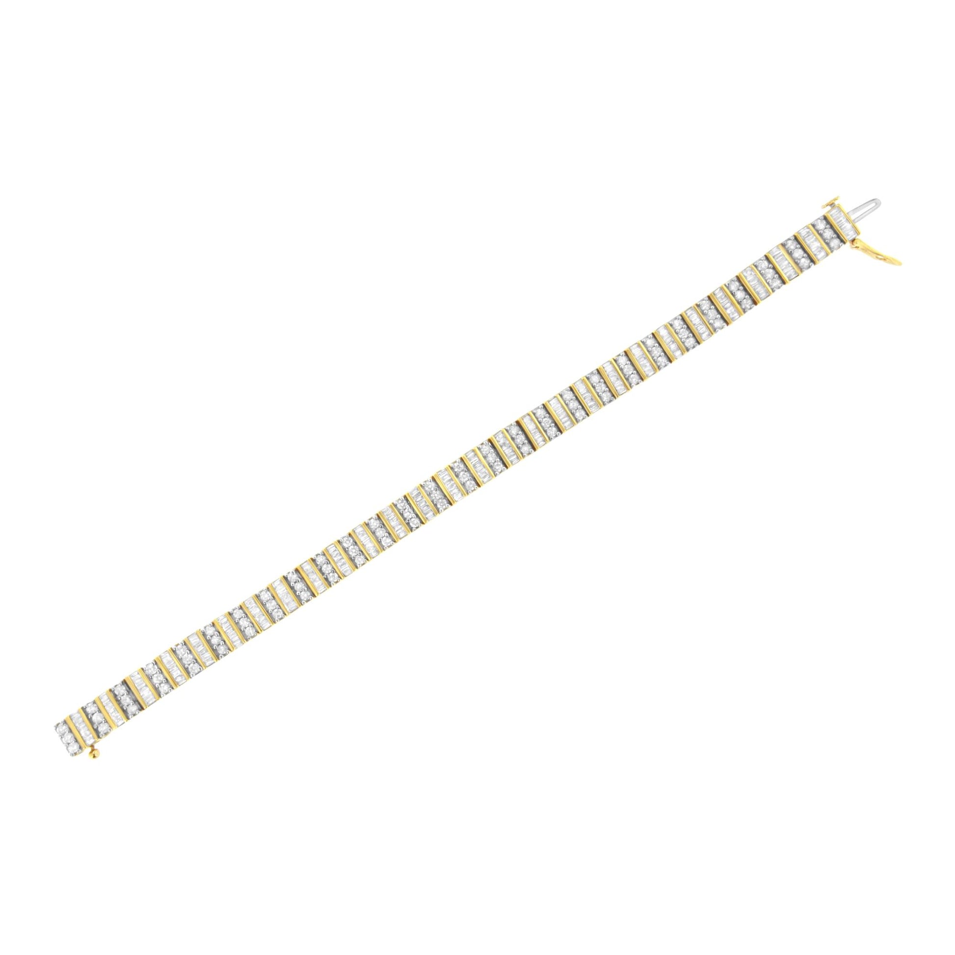 Top-down angled view of a yellow metal bracelet featuring alternating rows of round white gemstones in prong settings and baguette white gemstones in channel settings, shown laid flat.