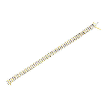 Top-down angled view of a yellow metal bracelet featuring alternating rows of round white gemstones in prong settings and baguette white gemstones in channel settings, shown laid flat.