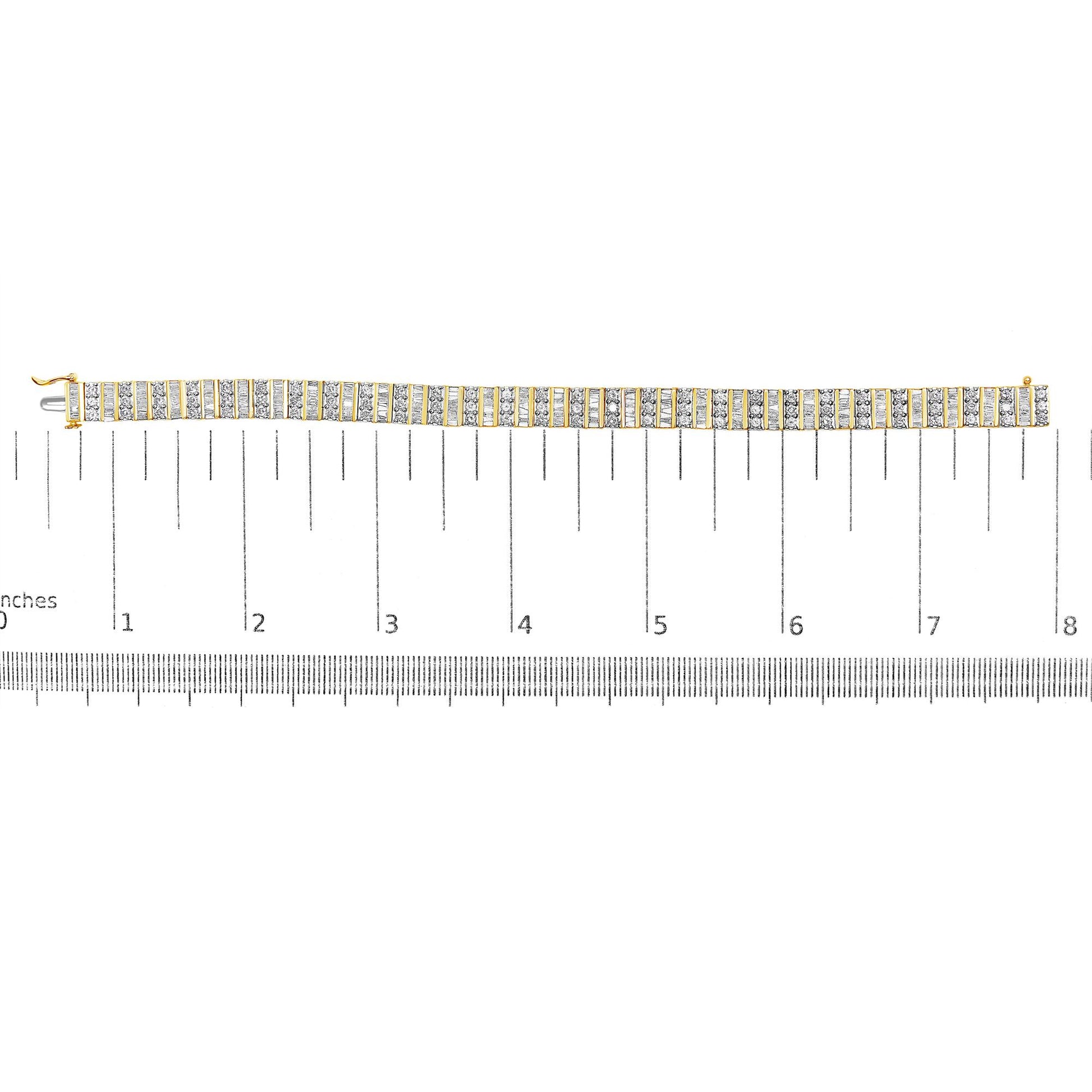 Top-down view of a yellow metal bracelet with alternating rows of round prong-set white gemstones and baguette channel-set white gemstones, displayed on a ruler for size reference.