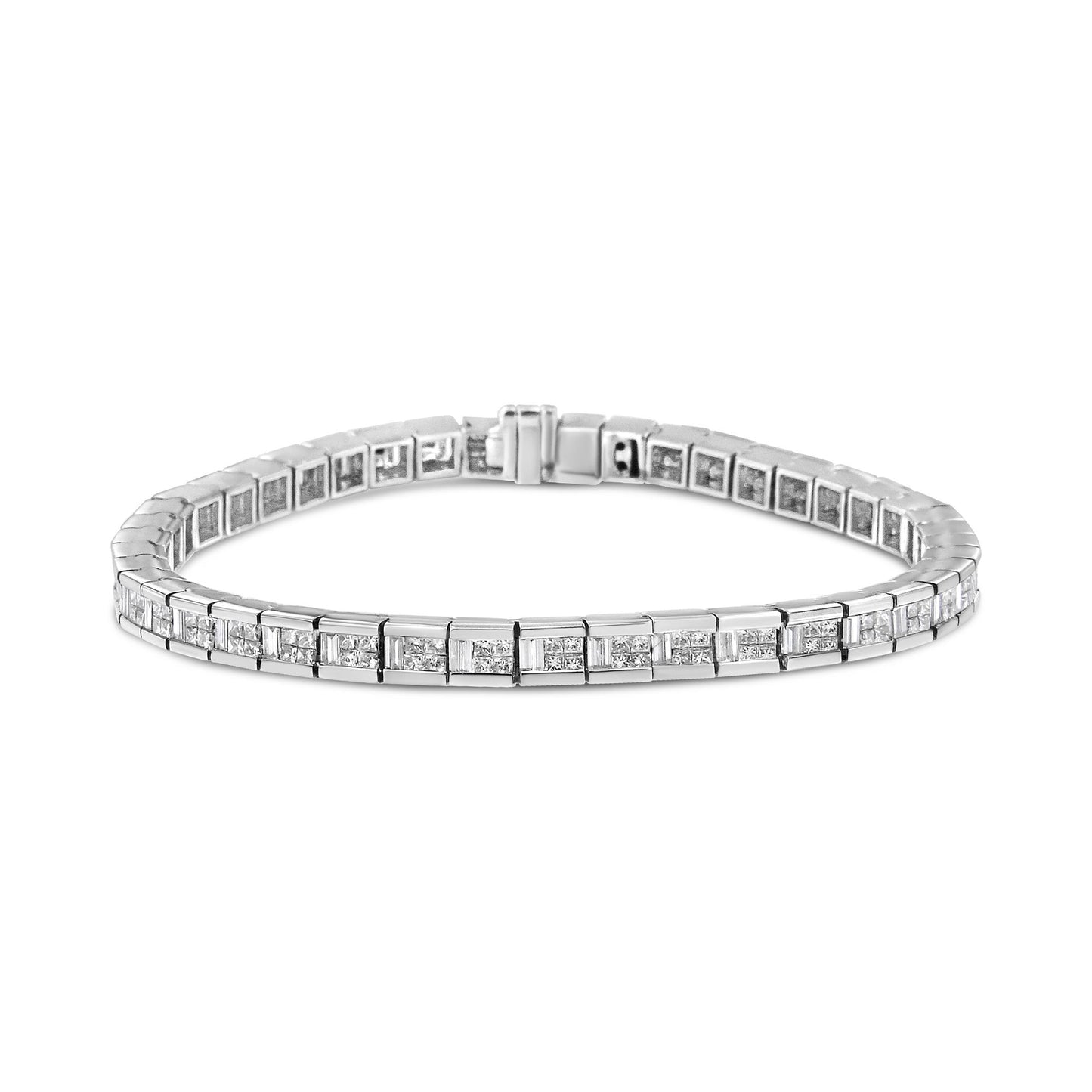 White metal bracelet with channel-set white rectangular and square gemstones, shown from a slightly elevated front angle.