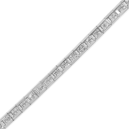 White metal bracelet with alternating square and rectangular white gemstones in a channel setting, shown in a diagonal close-up view.