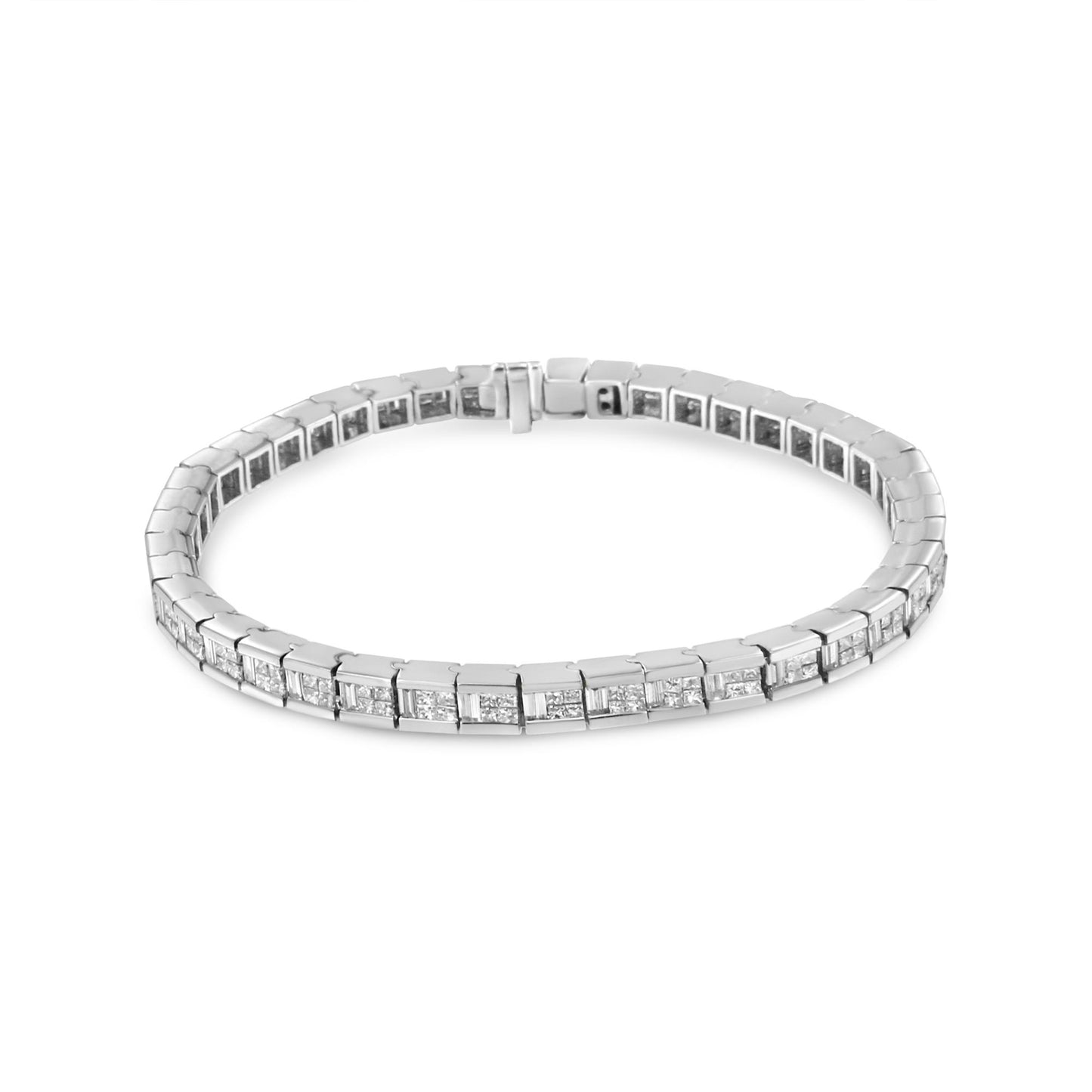 White metal bracelet with alternating princess and baguette shaped white gemstones in channel settings, shown from a slightly elevated front angle.